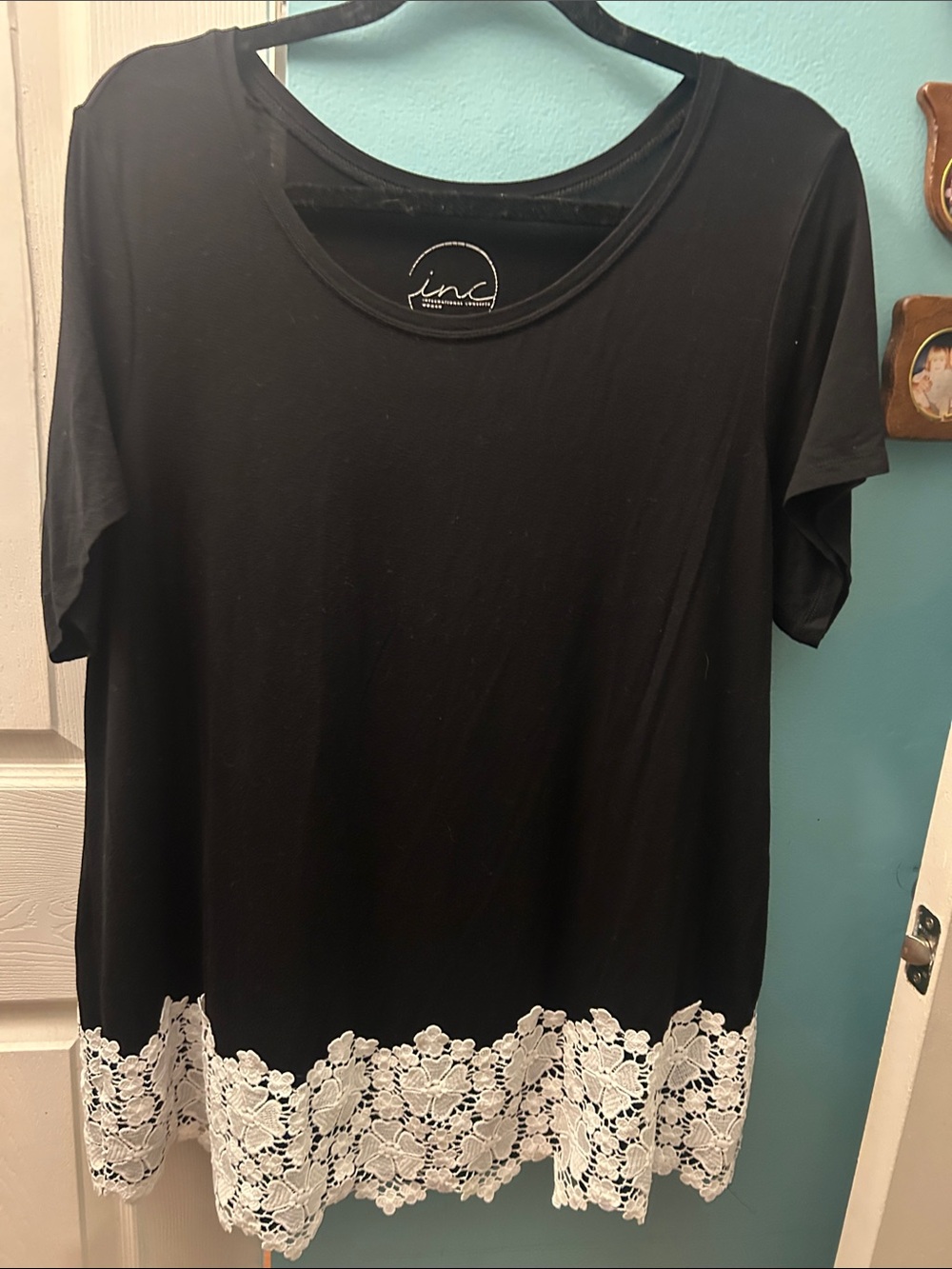 INC International Concepts Black Short-Sleeve Tee with White Lace Trim